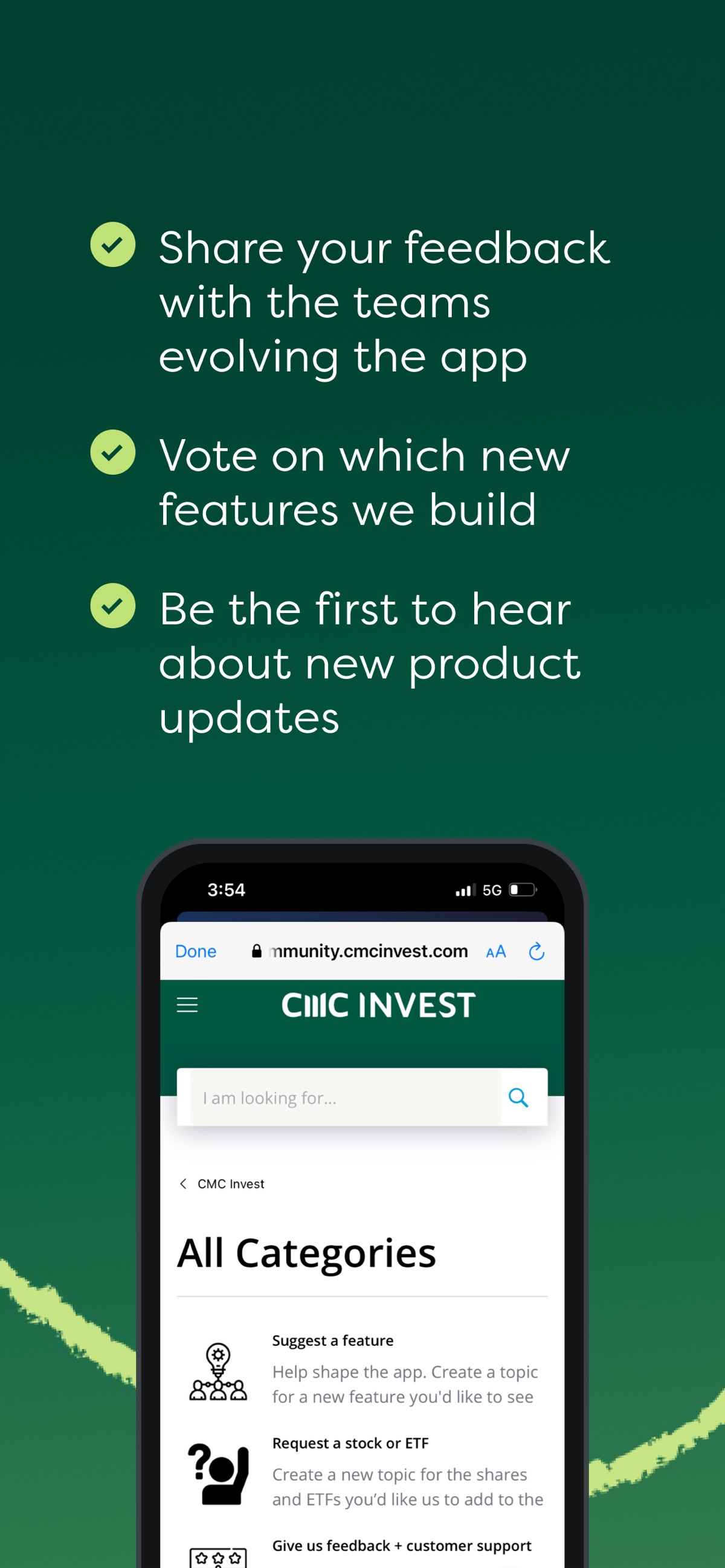 CMC Invest community feature-feedback page shown on an iPhone