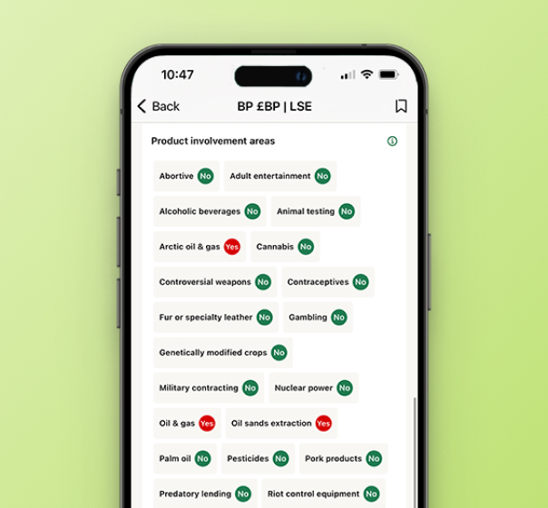 CMC Invest BP product-involvement screen, showing ratings for areas including oil and gas
