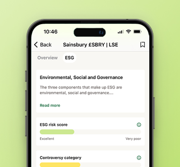 CMC Invest ESG tab for Sainsbury, showing its ESG risk score and controversy category