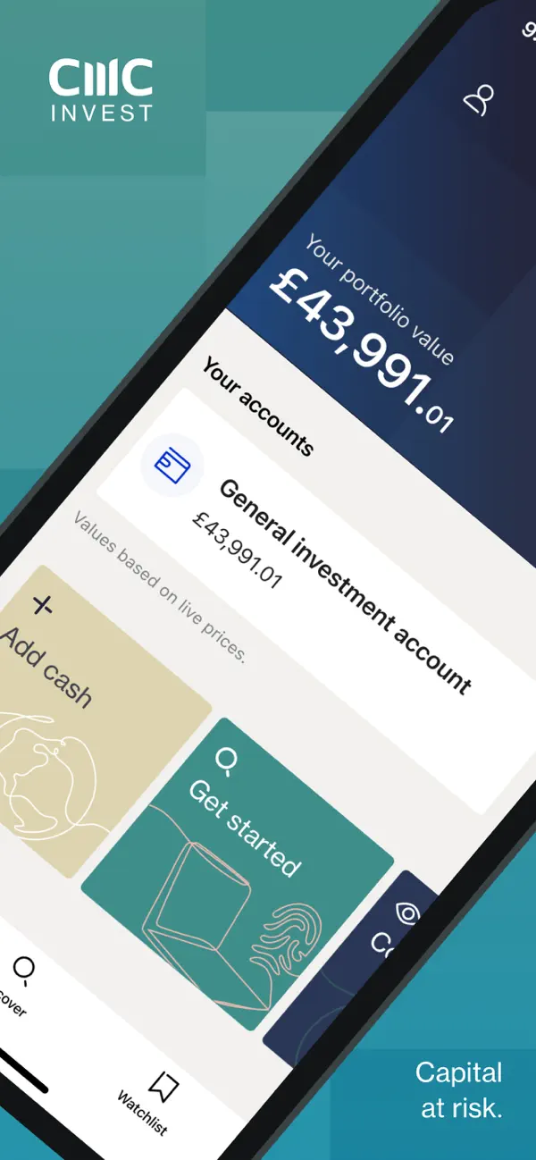 CMC Invest home screen with a portfolio balance and account options