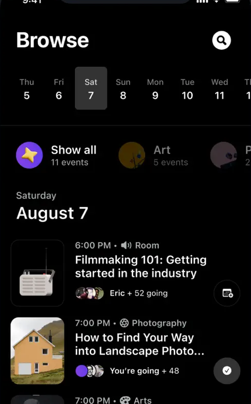 Daisie Browse screen listing upcoming workshops, captured from its 2021 App Store listing