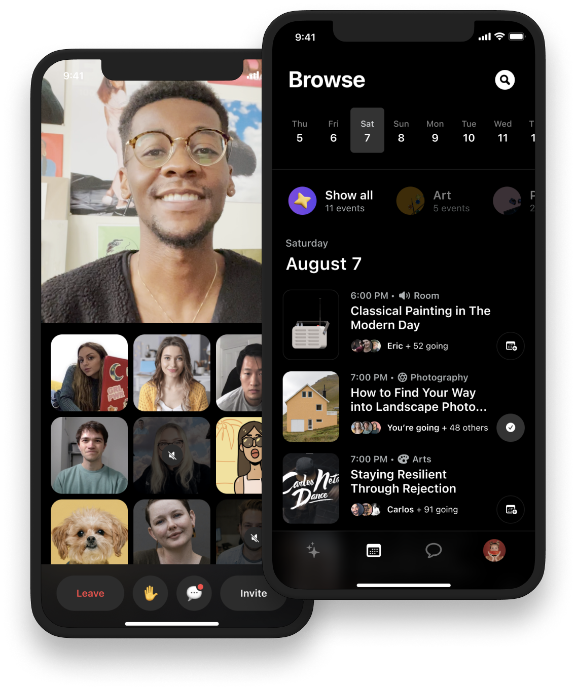 Daisie 2021 app screens showing a live creator call and the Browse schedule