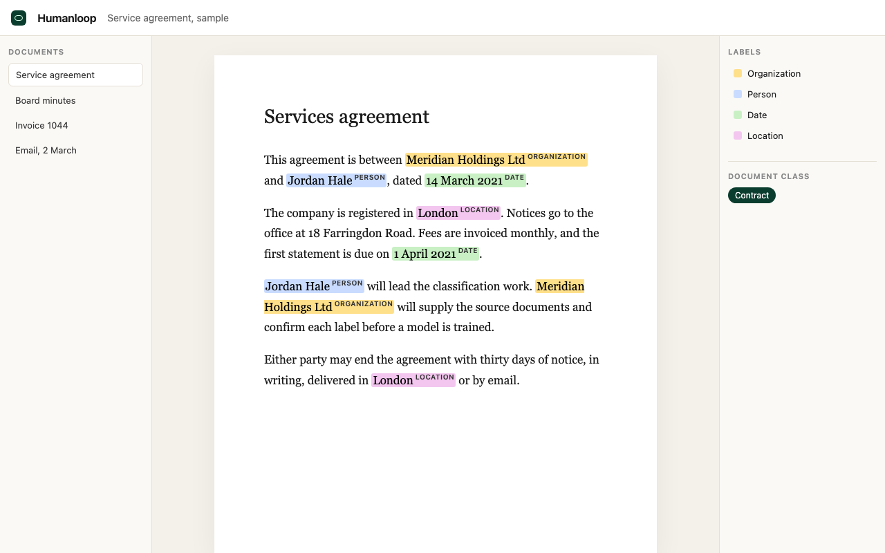 Humanloop document-labeling interface with entities highlighted for classification
