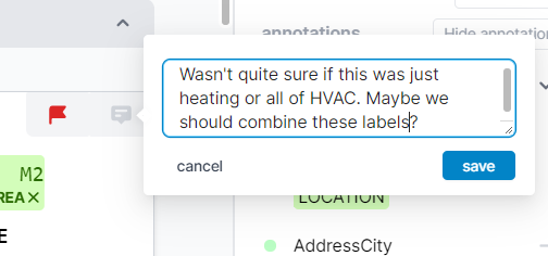Humanloop 2021 annotation interface with a comment about combining HVAC labels