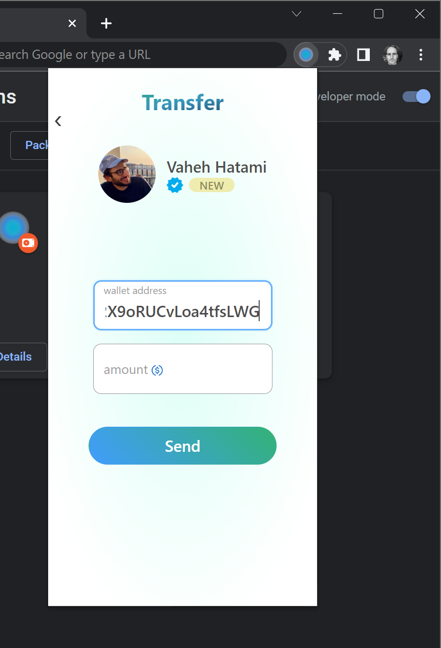Portal Wallet transfer screen showing a verified named recipient